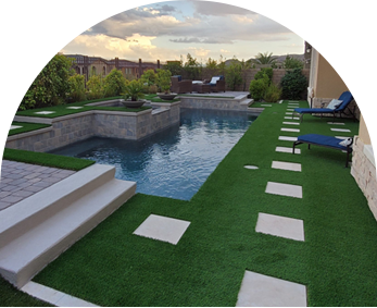synthetic lawn with a swimming pool